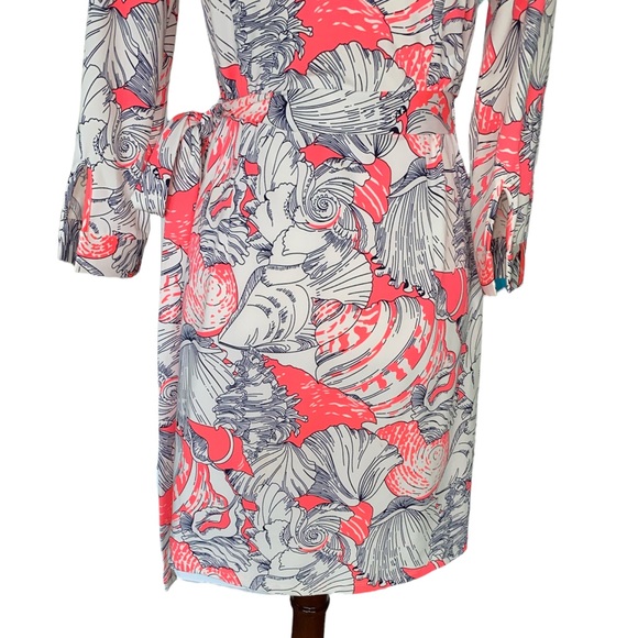 Julie Brown NYC Milo Wrap Shirt Dress in Neon Coral Pink Shell Print - L - Picture 9 of 13